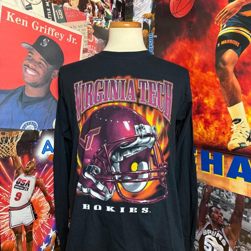 Vintage Virginia Tech Hokies‎ Football Flame Long Sleeve T Shirt Sz Medium